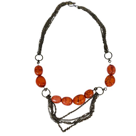 Red Jasper Glass Bead Necklace Multiple Metal Strands Jewelry 11" - Picture 1 of 7